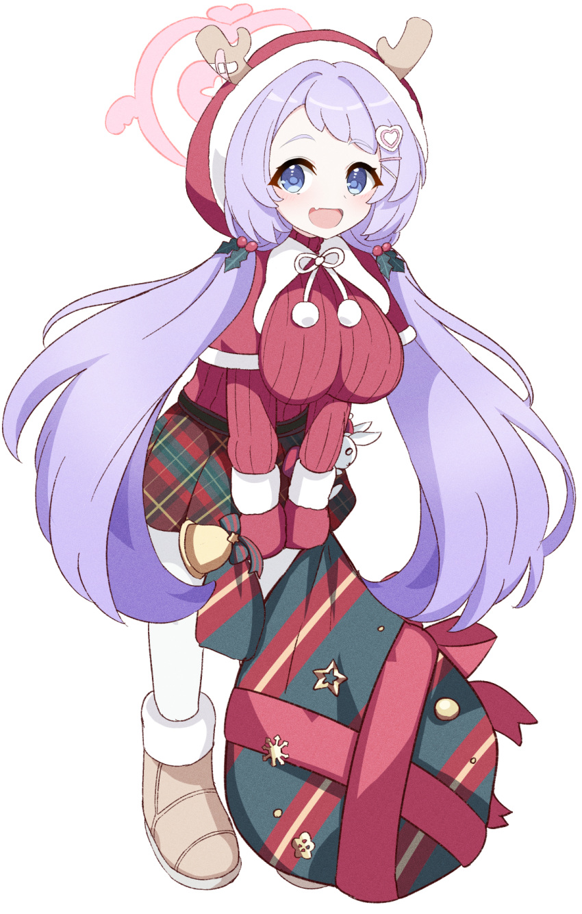 1girl :d bell blue_archive blue_eyes boots breasts brown_footwear capelet christmas fake_antlers fur-trimmed_boots fur-trimmed_capelet fur-trimmed_headwear fur_trim hair_ornament hairclip halo hanae_(blue_archive) hanae_(christmas)_(blue_archive) heart heart_hair_ornament highres holding holding_bell holding_sack large_breasts long_hair long_sleeves looking_at_viewer pantyhose plaid plaid_skirt purple_hair red_capelet red_headwear red_mittens red_sweater sack simple_background skirt smile solo sweater twintails white_background white_pantyhose zuyosh
