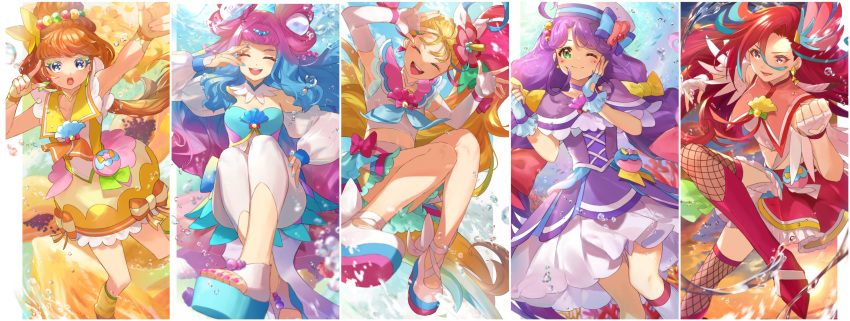 5girls :d ;) ^_^ absurdres air_bubble armpits bangs blonde_hair blue_eyes blue_hair blue_nails blush boots border bow brown_eyes bubble choker clenched_hand closed_eyes closed_mouth clothing_cutout colored_eyelashes commentary crop_top cure_coral cure_flamingo cure_la_mer cure_papaya cure_summer detached_collar detached_sleeves double_bun dress earrings elbow_gloves eyelash_ornament facial_mark facing_viewer fingerless_gloves fingernails fish fishnet_thighhighs fishnets floating_hair flower full_body gloves green_background green_eyes hair_between_eyes hair_bow hair_bun hair_flower hair_intakes hair_ornament hand_on_hip hand_on_own_cheek hand_on_own_face hands_up hat hat_bow heart heart_cutout heart_facial_mark highres ichinose_minori jewelry knee_boots laura_la_mer leg_up legs long_hair looking_at_viewer low_twintails magical_girl midriff miniskirt mismatched_eyelashes multicolored_hair multiple_girls multiple_hair_bows n-bata nail_polish natsuumi_manatsu one_eye_closed open_mouth orange_footwear pantyhose papaya pink_bow pink_hair pouch precure puffy_sleeves purple_choker purple_dress purple_hair purple_nails red_eyes red_footwear red_skirt redhead sailor_collar sailor_hat scrunchie seashell shell shiny shiny_hair short_sleeves skirt smile stomach sunlight sunset suzumura_sango takizawa_asuka teeth thick_eyebrows thick_eyelashes thigh-highs toenail_polish toenails tropical-rouge!_precure twintails two-tone_hair underwater upper_teeth very_long_hair water white_border white_choker white_gloves white_pantyhose white_sailor_collar white_sleeves yellow_bow yellow_choker yellow_gloves yellow_sailor_collar
