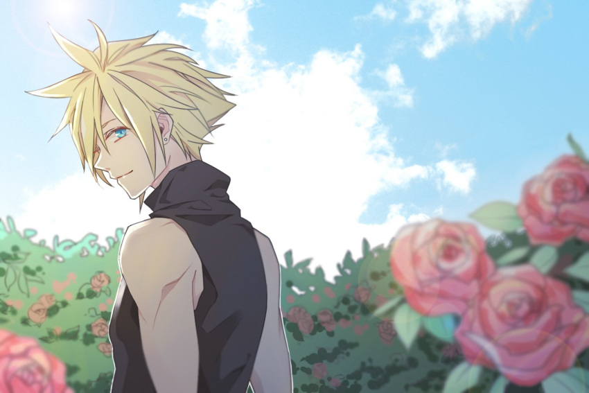 1boy aqua_eyes bare_shoulders beicorainvii blonde_hair blue_sky blurry blurry_foreground cloud_strife clouds cloudy_sky earrings final_fantasy final_fantasy_vii final_fantasy_vii_remake flower garden hair_between_eyes jewelry light_smile looking_at_viewer male_focus outdoors pink_flower pink_rose rose short_hair single_earring sky sleeveless sleeveless_turtleneck solo spiky_hair toned toned_male turtleneck upper_body