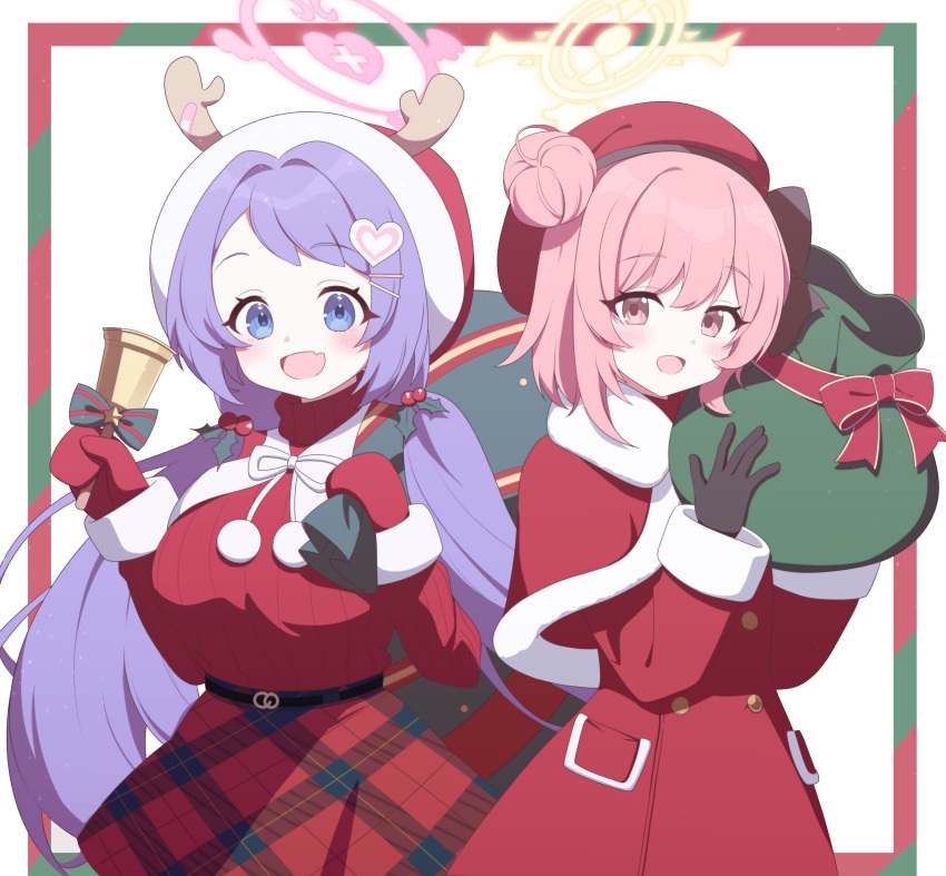 2girls :d absurdres bell beret black_gloves blue_archive blush border buttons capelet christmas coat fake_antlers fur-trimmed_capelet fur-trimmed_mittens fur_trim gloves hair_bun halo hanae_(blue_archive) hanae_(christmas)_(blue_archive) hat highres holding holding_bell holding_sack long_sleeves looking_at_viewer multiple_girls pink_eyes pink_hair plaid plaid_skirt pn_(wnsl216) red_coat red_headwear red_mittens red_sweater sack santa_hat serina_(blue_archive) serina_(christmas)_(blue_archive) simple_background single_hair_bun skirt smile sweater sweater_tucked_in white_background