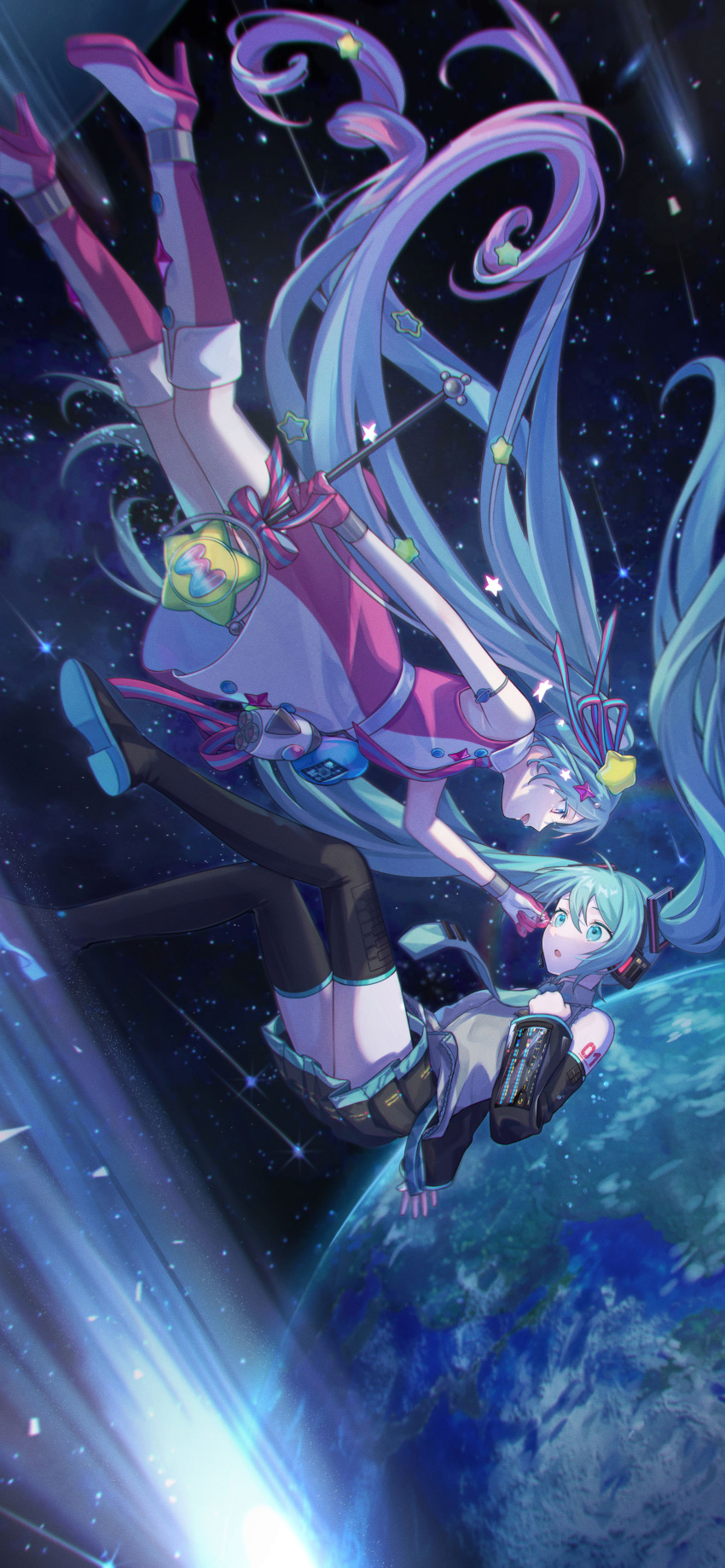 2girls absurdres armlet bangs belt blue_eyes blue_hair boots collared_shirt comet crying detached_sleeves dress dual_persona earth_(planet) falling future_eve_(vocaloid) gloves gradient_hair hair_ornament hair_ribbon hand_on_another's_face hand_on_own_chest hatsune_miku headphones high_heel_boots high_heels highres holding holding_staff knee_boots long_hair long_sleeves looking_at_another magical_mirai_miku magical_mirai_miku_(2022) multicolored_hair multiple_girls necktie open_mouth planet pleated_skirt purple_hair ribbon shirt skirt sleeveless sleeveless_dress sleeveless_shirt smile space staff star_(sky) star_(symbol) star_hair_ornament tearing_up tears thigh_boots thigh_strap twintails two-tone_hair very_long_hair vocaloid vs0mr wiping_tears