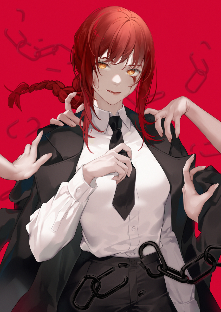 1girl bangs black_necktie black_pants braid braided_ponytail breasts chainsaw_man collared_shirt cowboy_shot dress_shirt highres jacket jacket_on_shoulders large_breasts long_hair long_sleeves looking_at_viewer makima_(chainsaw_man) necktie open_clothes open_jacket pants red_background redhead ringed_eyes shiny shiny_clothes shirt shirt_tucked_in sidelocks smile uosaasou white_shirt yellow_eyes