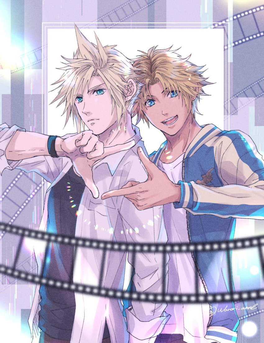 2boys alternate_costume bangs black_shirt blonde_hair blue_eyes blue_jacket casual cloud_strife collared_shirt film_strip final_fantasy final_fantasy_vii final_fantasy_x highres jacket long_sleeves looking_at_viewer male_focus multiple_boys open_mouth parted_bangs sharp_teeth shirt shirt_under_shirt short_hair sleeves_rolled_up smile tan teeth tidus twitter_username upper_body warori_anne white_shirt wristband