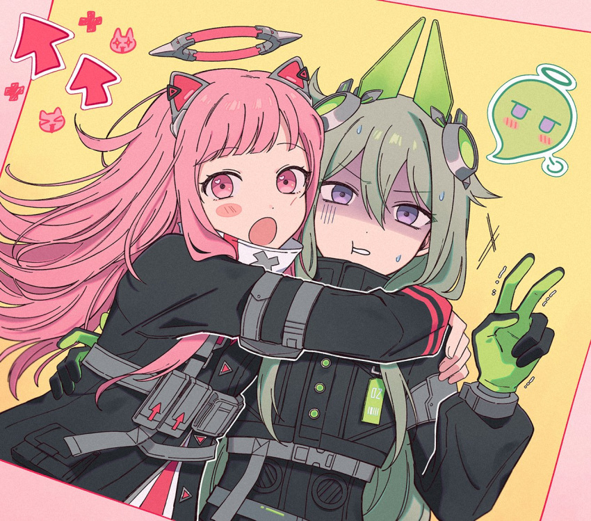 2girls animal_ears arm_strap b718293 bangs black_gloves black_jacket blush cat_ears close_game/offline_(project_sekai) commentary dress giving_up_the_ghost gloves green_gloves green_hair hair_flaps halo hug jacket kusanagi_nene long_hair long_sleeves mechanical_ears mechanical_halo multiple_girls ootori_emu pink_eyes pink_hair plus_sign pouch project_sekai rabbit_ears sweat symbol-only_commentary tactical_clothes trembling two-tone_gloves upper_body very_long_hair violet_eyes white_dress