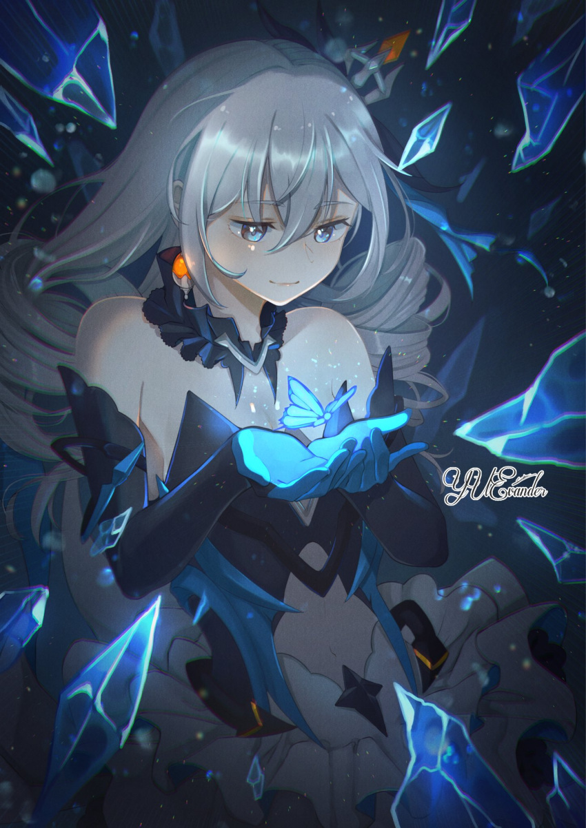 1girl bangs bare_shoulders belly black_gloves blue_butterfly blue_eyes breasts bronya_zaychik bronya_zaychik_(herrscher_of_reason) bug butterfly closed_mouth crystal dark_background dress drill_hair earrings elbow_gloves gloves glowing_butterfly grey_eyes grey_hair hair_ornament highres honkai_(series) honkai_impact_3rd ice_crystal jewelry long_hair navel princess_dress prosthesis prosthetic_leg small_breasts smile strapless strapless_dress thigh-highs twin_drills yuevander