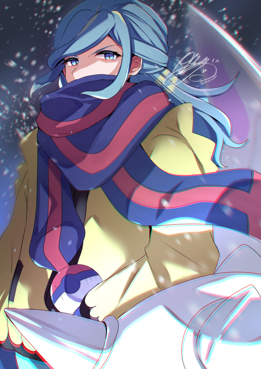 1boy aqua_hair blue_eyes cetitan chromatic_aberration commentary_request green_pants grusha_(pokemon) herunia_kokuoji highres jacket long_hair long_sleeves looking_at_viewer male_focus outdoors pants pokemon pokemon_(creature) pokemon_(game) pokemon_sv scarf scarf_over_mouth signature snowing striped striped_scarf yellow_jacket