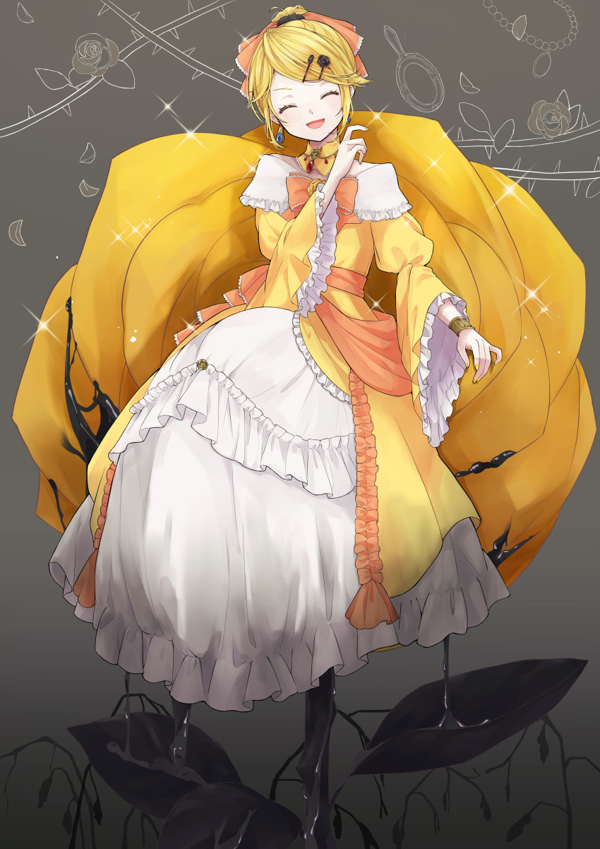 1girl absurdres aku_no_musume_(vocaloid) bangs blonde_hair blush bow bracelet closed_eyes dangle_earrings detached_collar dress dress_bow dripping earrings evillious_nendaiki flower flower_brooch frilled_dress frills gown hair_bow hair_ornament hairclip highres jewelry kagamine_rin leaf long_sleeves mirror nagitofuu necklace open_mouth parted_bangs pendant petals plant ponytail riliane_lucifen_d'autriche rose sash short_hair sitting smile solo sparkle thorns vines vocaloid wide_sleeves