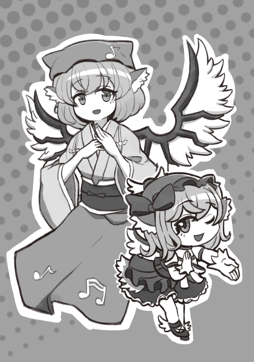 1girl animal_ears beamed_sixteenth_notes bird_ears bird_wings dress eighth_note gloves greyscale hat head_scarf highres japanese_clothes kimono long_sleeves monochrome multiple_views musical_note musical_note_print mystia_lorelei okamisty one_eye_closed open_mouth sentrywilldraw shoes short_hair smile touhou touhou_mystia's_izakaya wide_sleeves winged_footwear winged_hat wings