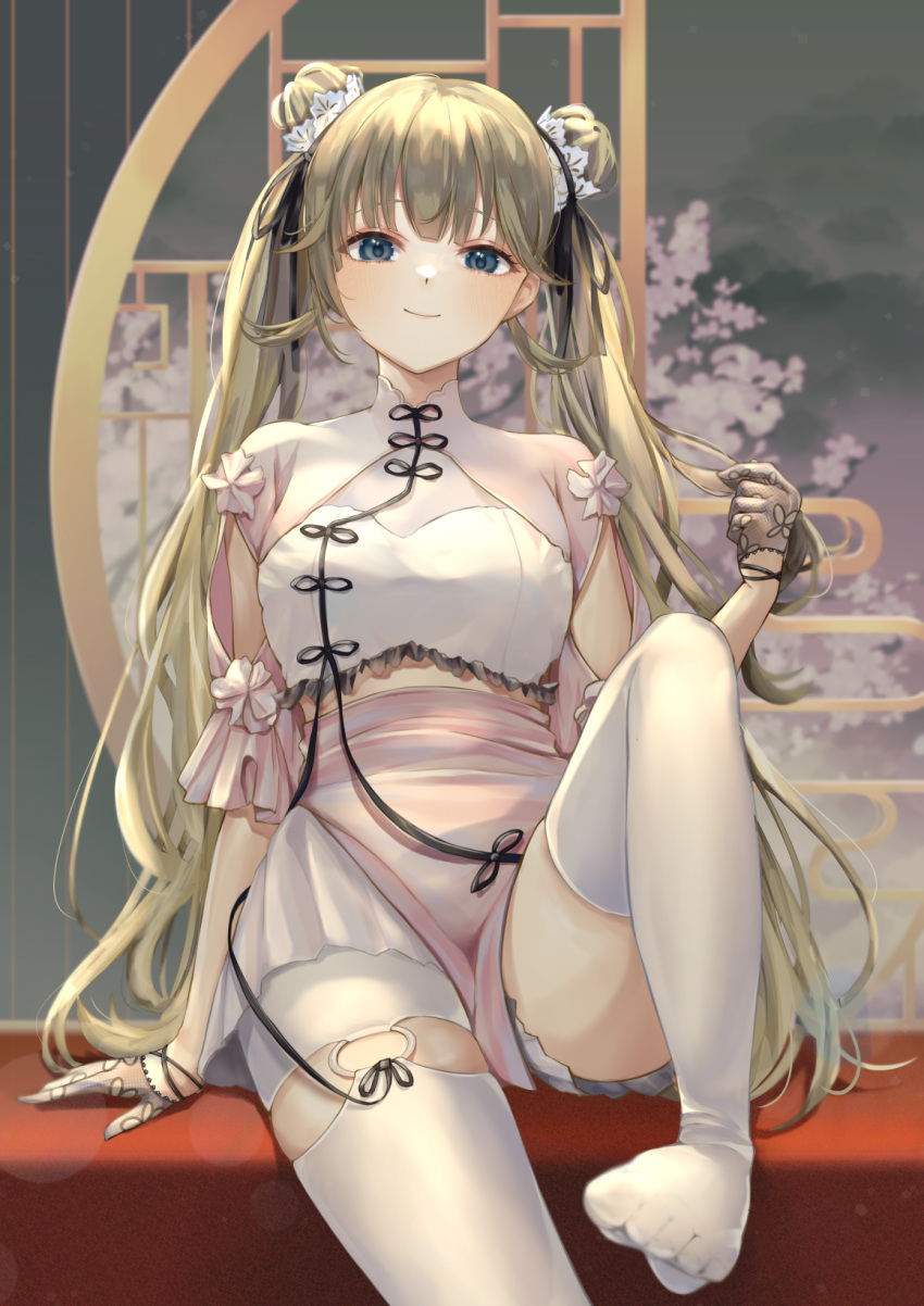 1girl architecture blue_eyes breasts cattleya_regina_games cherry_blossoms chinese_clothes clothing_cutout double_bun east_asian_architecture feet foot_out_of_frame frilled_shirt frills gloves hair_bun half_gloves hanabusa_lisa hand_in_own_hair highres horo_27 indoors long_hair looking_at_viewer looking_down medium_breasts midriff_peek no_shoes official_alternate_costume pink_shirt pink_skirt puffy_short_sleeves puffy_sleeves shirt short_sleeves sitting skirt smile solo thigh-highs thighs toes twintails very_long_hair virtual_youtuber vspo! white_skirt white_thighhighs