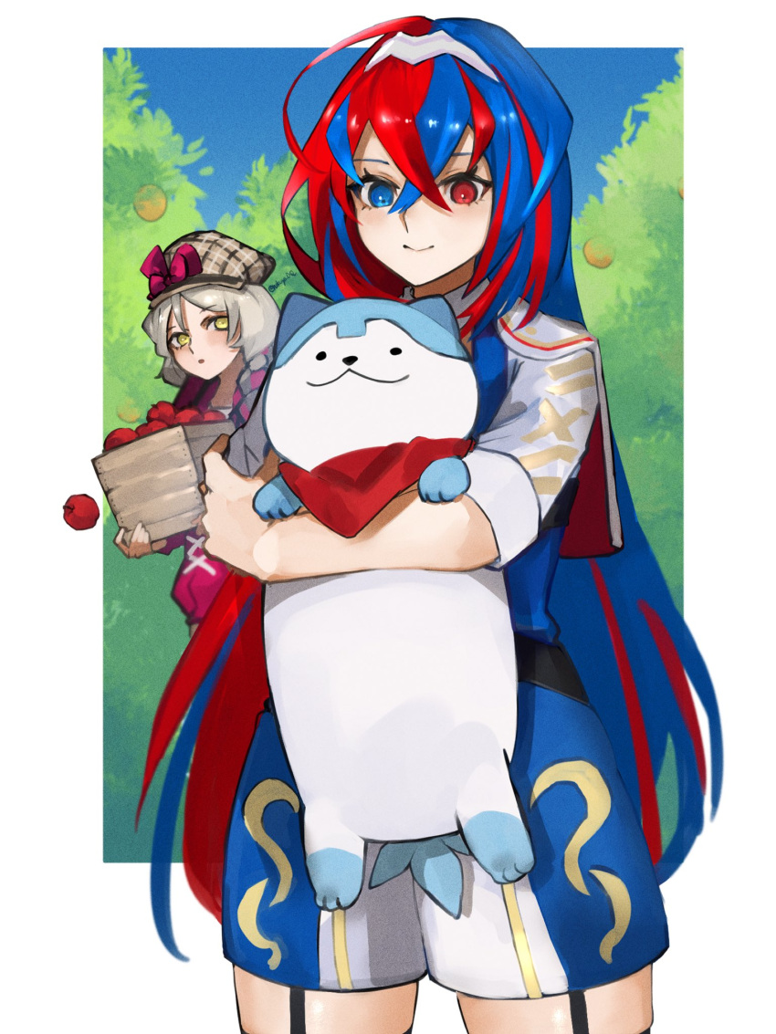 :3 alear_(fire_emblem) alear_(fire_emblem)_(female) animal_ears bandana bangs blue_eyes blue_hair braid crossed_bangs fire_emblem fire_emblem_engage framme_(fire_emblem) hat heterochromia highres long_hair multicolored_hair official_alternate_costume red_eyes redhead seinikuten sidelocks single_braid smile split-color_hair tail tiara two-tone_hair very_long_hair yellow_eyes