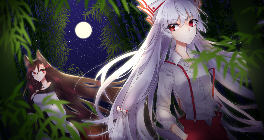 2girls absurdres animal_ears bamboo bamboo_forest bow breasts brooch brown_hair buttons collared_shirt dress forest fujiwara_no_mokou full_moon hair_bow hair_ribbon highres hoshitsuyu imaizumi_kagerou jewelry long_hair long_sleeves medium_breasts moon multiple_girls nature night off-shoulder_dress off_shoulder pants red_eyes red_pants ribbon shirt small_breasts star_(sky) suspenders touhou white_dress white_hair white_shirt wide_sleeves wolf_ears