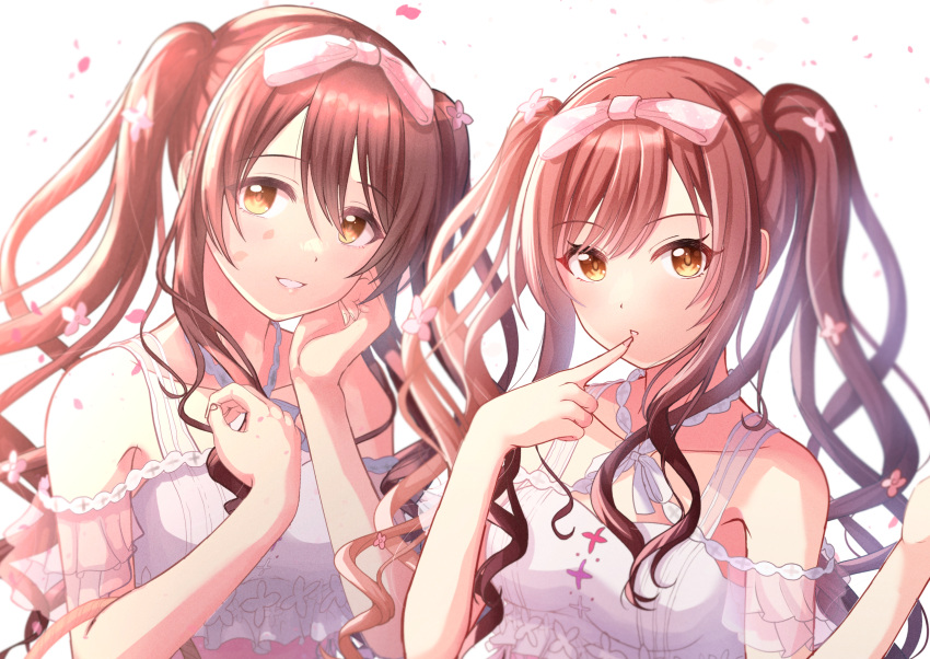 2girls bangs bare_shoulders blush breasts citrusmikan collarbone dress finger_to_mouth flower hair_between_eyes hair_flower hair_ornament hair_ribbon hand_on_own_cheek hand_on_own_face hand_up highres idolmaster idolmaster_shiny_colors index_finger_raised long_hair looking_at_viewer medium_breasts multiple_girls official_alternate_costume official_alternate_hairstyle open_mouth osaki_amana osaki_tenka parted_lips redhead ribbon siblings sisters sleeveless sleeveless_dress smile swept_bangs twins twintails upper_body wavy_hair white_dress yellow_eyes