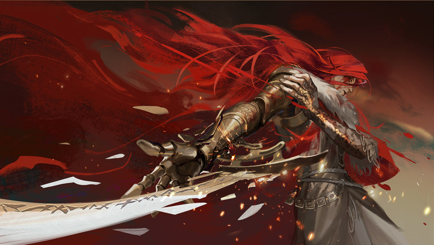 1girl agong amputee blade cape elden_ring gold_armor injury katana long_hair malenia_blade_of_miquella mechanical_arms prosthesis prosthetic_arm red_cape redhead scar single_mechanical_arm solo sword weapon