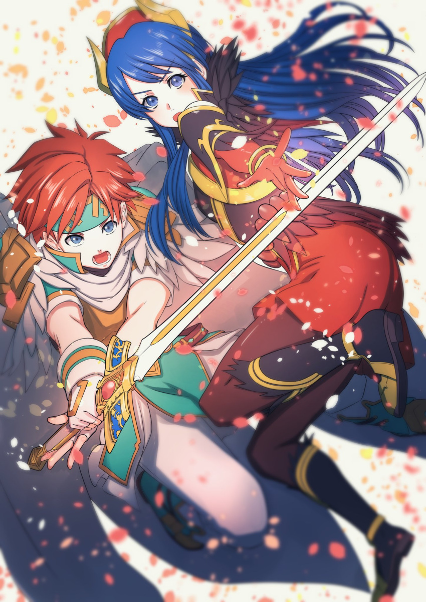 1boy 1girl aduti_momoyama aqua_headband black_feathers black_footwear blue_eyes blue_hair boots brown_pantyhose cape dress elbow_gloves feathers fingerless_gloves fire_emblem fire_emblem:_the_binding_blade fire_emblem_heroes gloves headband highres holding holding_sword holding_weapon lilina_(fire_emblem) official_alternate_costume open_mouth pantyhose red_dress red_gloves red_headwear redhead roy_(fire_emblem) short_dress sword v-shaped_eyebrows weapon white_cape white_feathers white_gloves