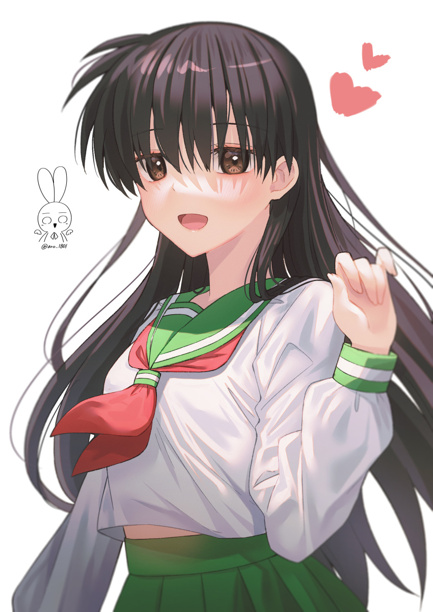 1girl :d absurdres aro_1801 bangs black_hair breasts brown_eyes cowboy_shot green_sailor_collar green_skirt hand_up heart highres higurashi_kagome inuyasha long_hair long_sleeves neckerchief open_mouth pleated_skirt red_neckerchief sailor_collar shiny shiny_hair shirt simple_background skirt small_breasts smile solo white_background white_shirt