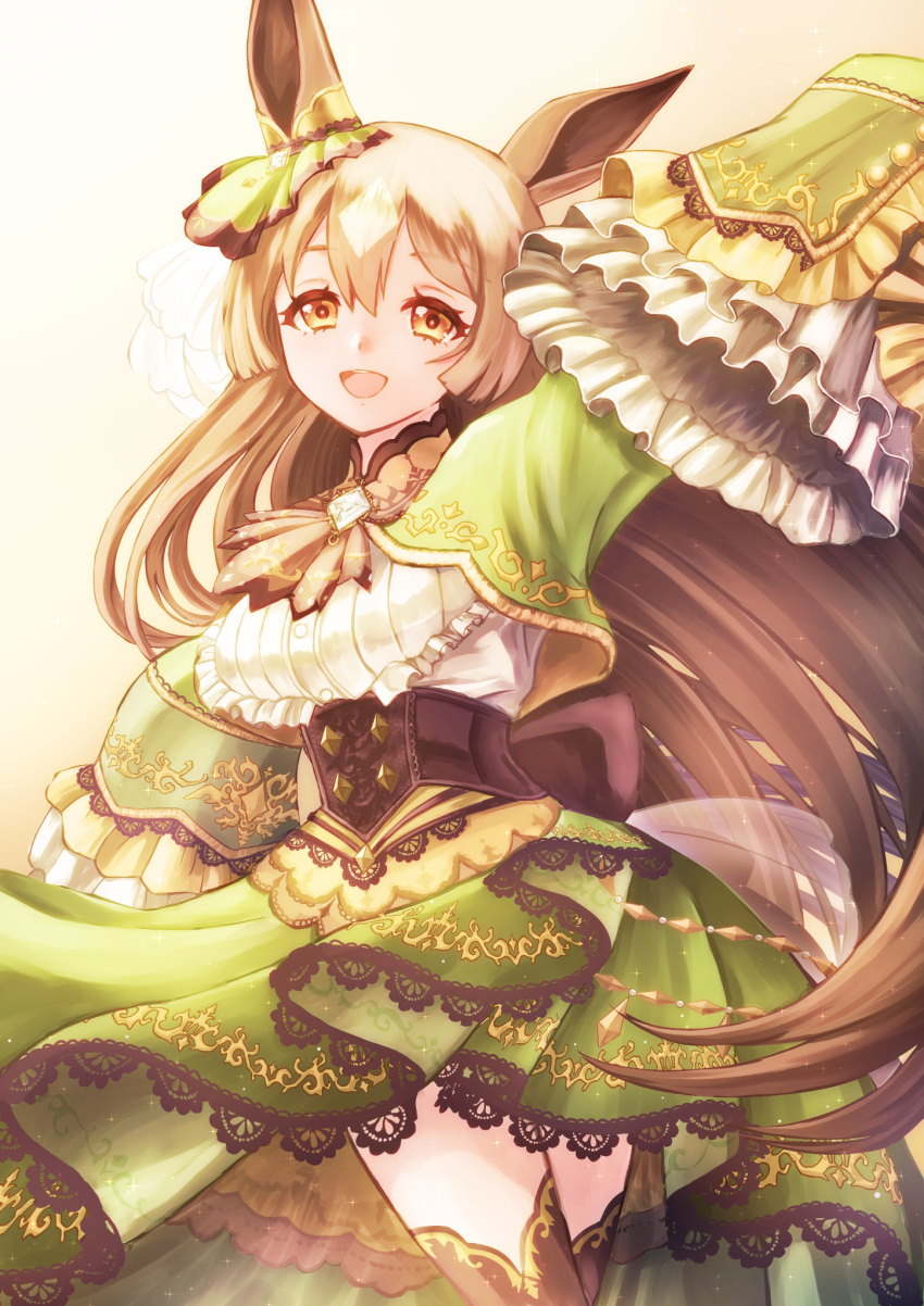 1girl :d animal_ears arm_up bangs black_thighhighs breasts brown_hair center_frills commentary_request cropped_jacket frills green_jacket green_skirt hair_between_eyes highres horse_ears jacket lace-trimmed_skirt lace_trim large_breasts long_sleeves looking_at_viewer orange_eyes pleated_skirt satono_diamond_(umamusume) shirt skirt sleeves_past_fingers sleeves_past_wrists smile solo thigh-highs umamusume white_shirt yukinyan-do