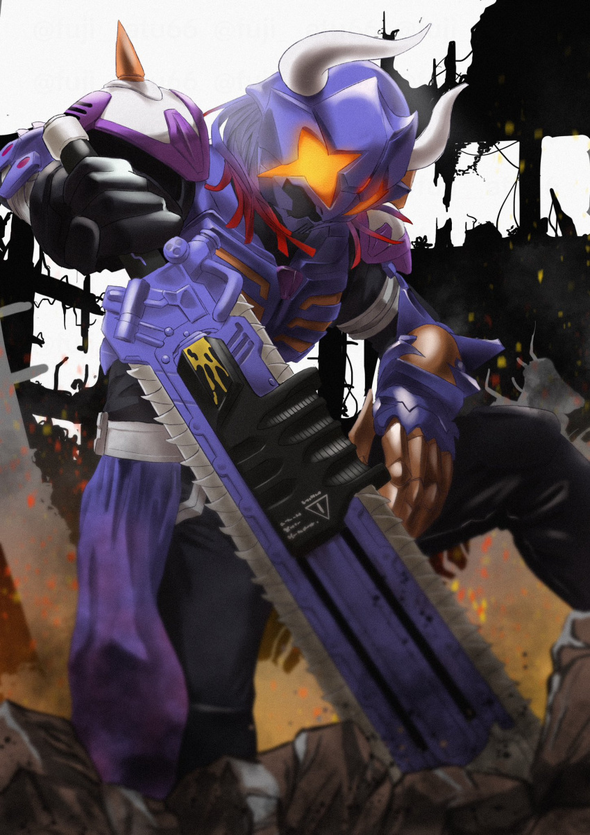 1boy atu_(fuji_atu66) black_bodysuit black_footwear black_gloves bodysuit boots buffalo building bull chainsaw claw_(weapon) commentary_request cowboy_shot gloves gradient_hair highres horns kamen_rider kamen_rider_buffa kamen_rider_geats_(series) landing long_hair male_focus multicolored_hair planted planted_sword purple_hair purple_scarf redhead reverse_grip scarf shoulder_spikes spikes sword tokusatsu weapon white_background wreckage zombie_breaker zombie_buckle