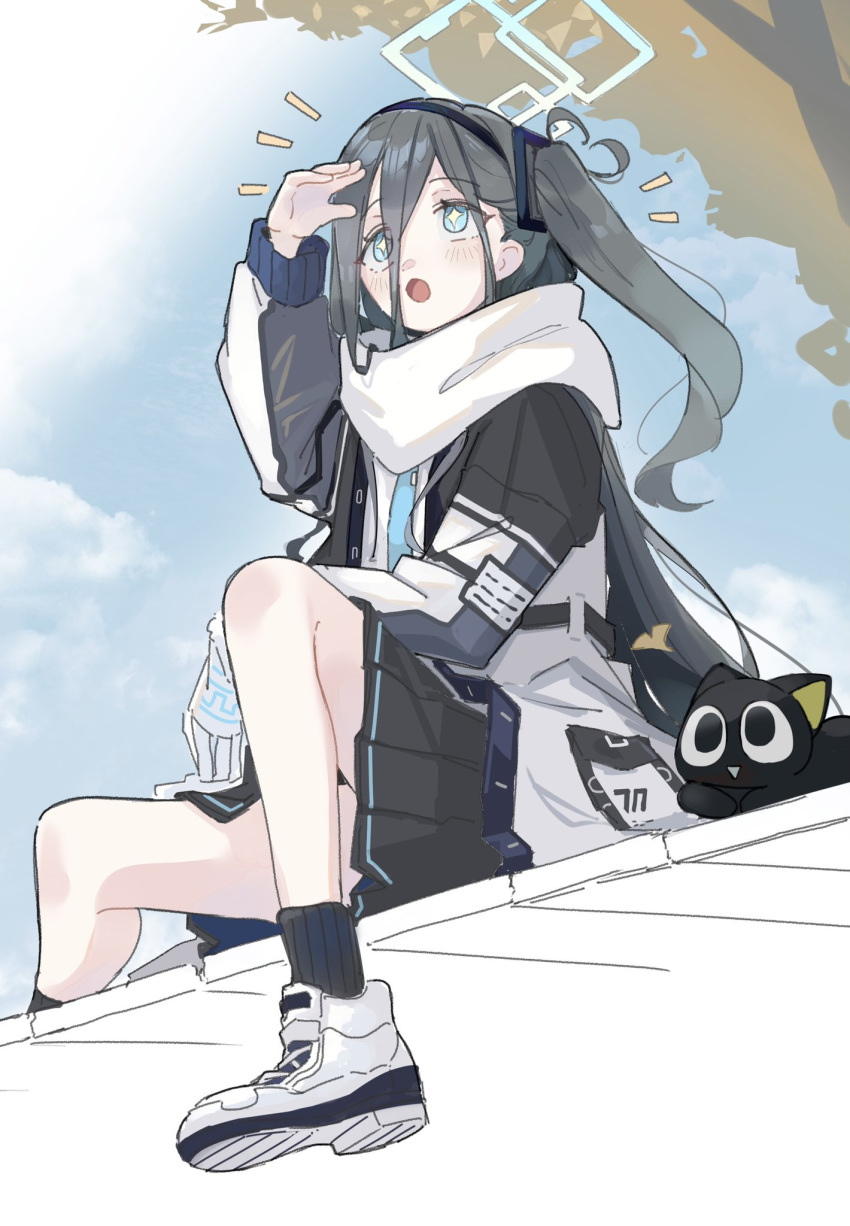 1girl absurdly_long_hair aris_(blue_archive) black_cat black_hair black_hairband black_socks blue_archive blue_eyes cat ginkgo_leaf hairband highres jacket kilabo leaf ledge long_hair luoxiaohei multicolored_clothes multicolored_jacket notice_lines one_side_up pleated_skirt scarf shoes sitting skirt sneakers socks solo sparkling_eyes the_legend_of_luo_xiaohei tie_clip very_long_hair white_footwear white_scarf