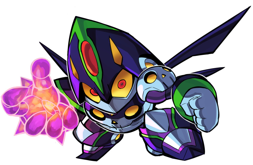 chibi clenched_hand colored_sclera commission evil_robot_(mega_man) glowing glowing_hand highres humanoid_robot looking_at_viewer mega_man_(series) mega_man_8 no_humans open_hand pillar_buster red_eyes redesign robot science_fiction simple_background white_background yellow_sclera
