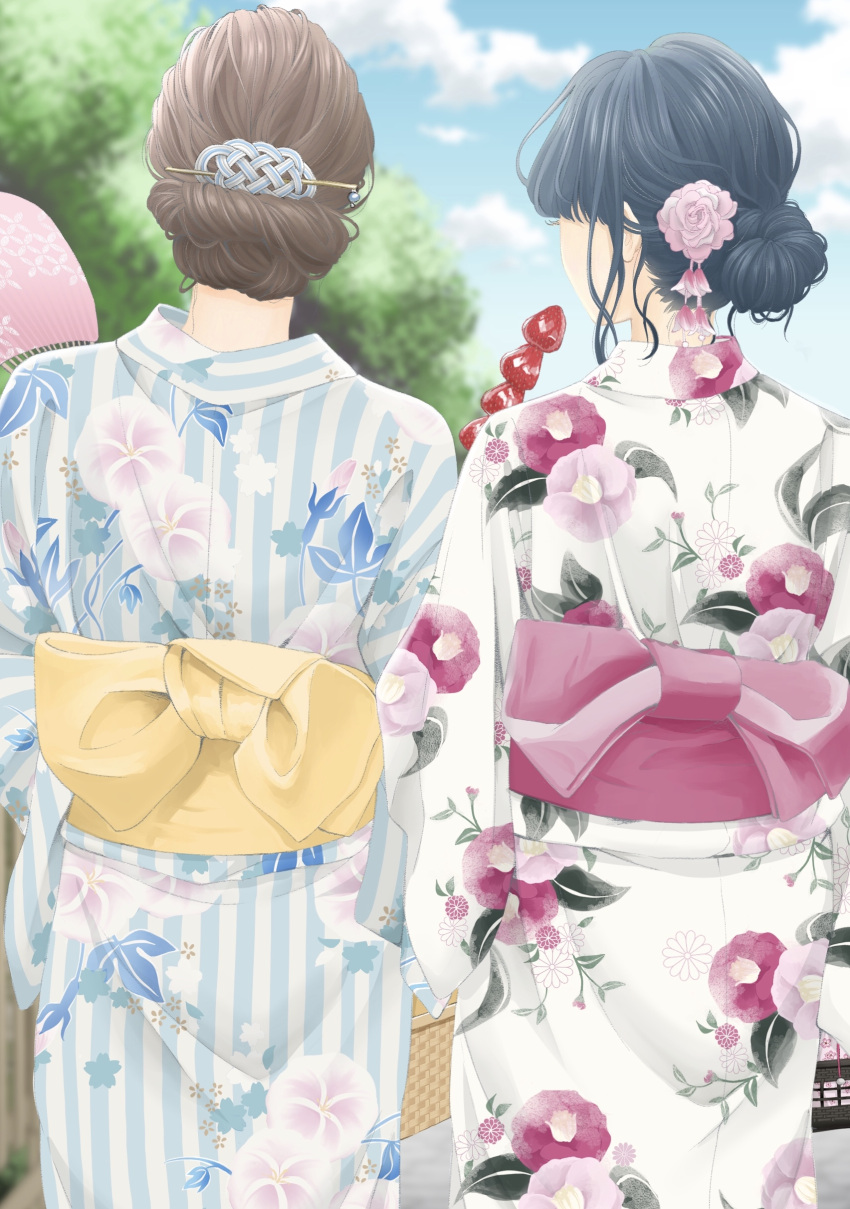 1girl 2girls absurdres basket blue_hair blue_kimono blue_sky brown_hair candy clouds dark_blue_hair day eyelashes floral_print flower foliage food from_behind fruit hair_bun hair_flower hair_ornament hairstyle_request hand_fan highres holding holding_fan holding_food japanese_clothes kimono light_blue_kimono multicolored_clothes multicolored_kimono multiple_girls obi original outdoors pink_flower pink_sash print_kimono sash single_hair_bun sky strawberry striped striped_kimono sweets tree vertical-striped_kimono vertical_stripes white_kimono wide_sleeves yellow_sash yukata yuum1709