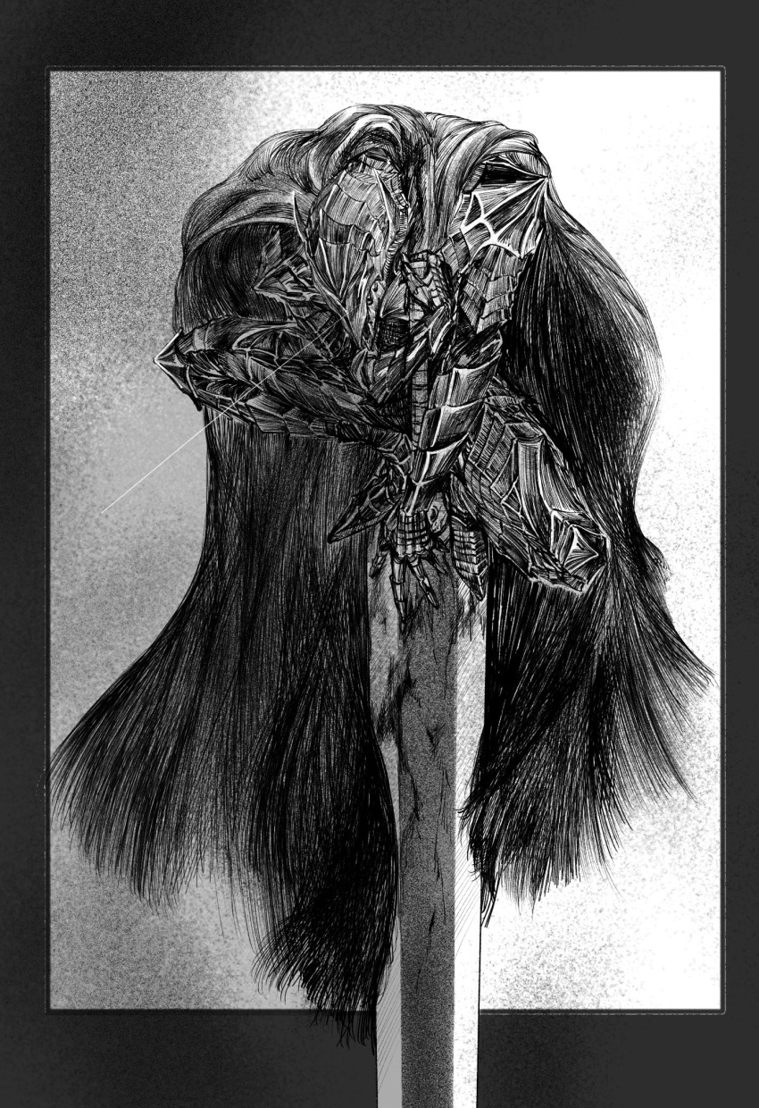 1boy armor berserk berserker_armor black_armor black_cloak cloak commentary_request full_armor full_body greatsword greyscale guts_(berserk) highres holding holding_sword holding_weapon male_focus monochrome solo standing_on_sword sword torn_cloak torn_clothes vislsn2 weapon