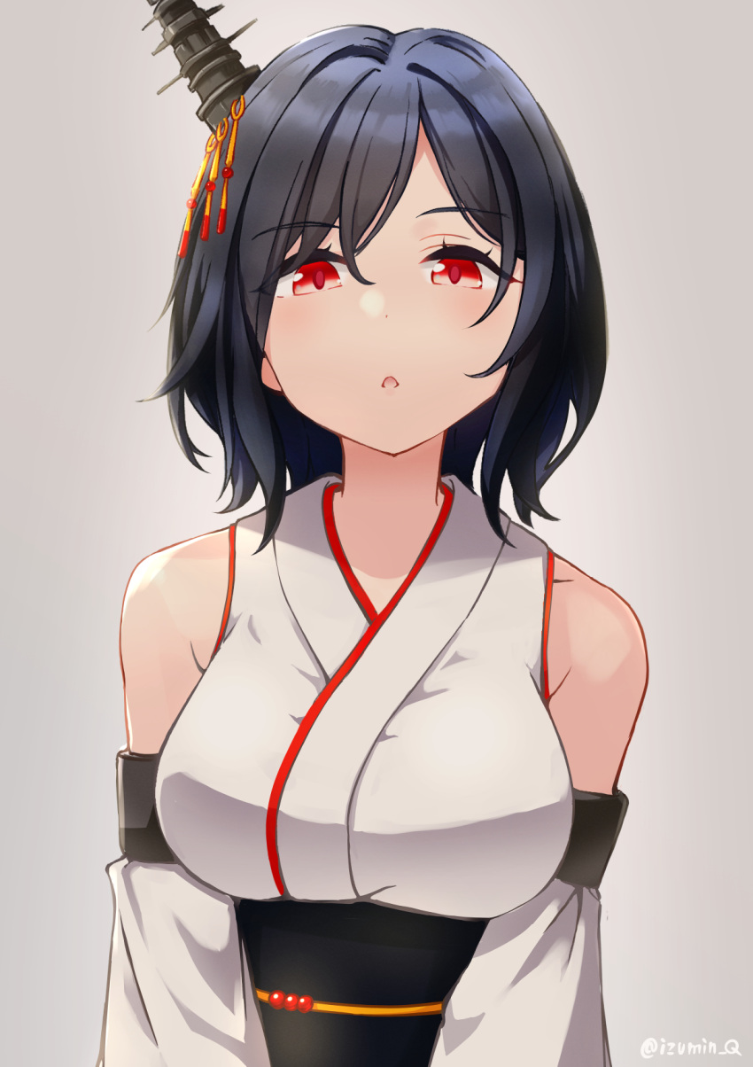 1girl black_hair breasts chestnut_mouth detached_sleeves grey_background hair_ornament highres izumikuma japanese_clothes kantai_collection large_breasts looking_at_viewer medium_hair nontraditional_miko obi red_eyes sash simple_background solo upper_body yamashiro_(kancolle)