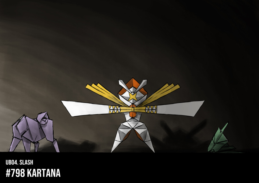 absurdres blacknirrow character_name commentary dark english_commentary english_text full_body gradient gradient_background grey_background highres kartana no_humans origami paper pokedex_number pokemon pokemon_(creature) simple_background solo standing straight-on
