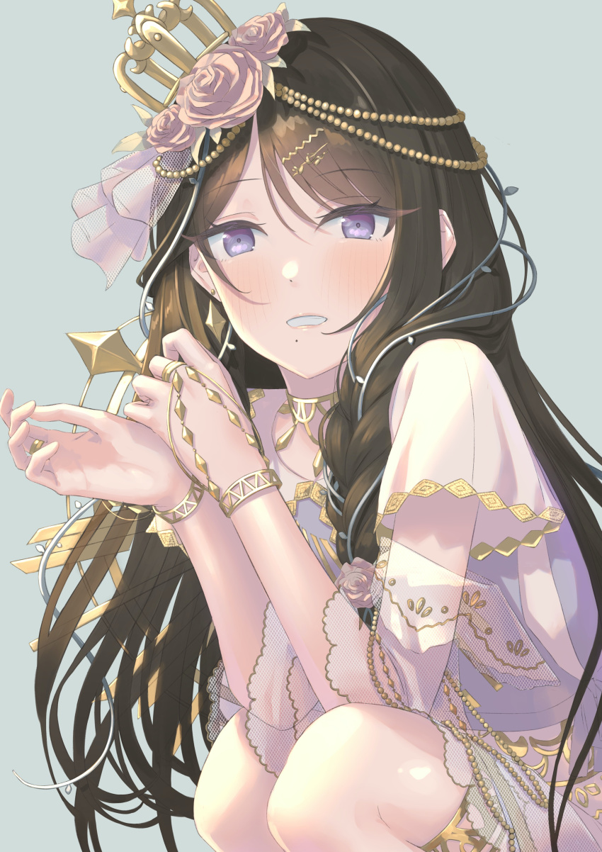 1girl absurdres beads black_hair blue_eyes blush crown flower frills hair_flower hair_ornament highres idolmaster idolmaster_shiny_colors jewelry kazano_hiori lips long_hair looking_at_viewer mole mole_under_mouth ring shirt short_sleeves solo umirororo white_shirt wide_sleeves wristband