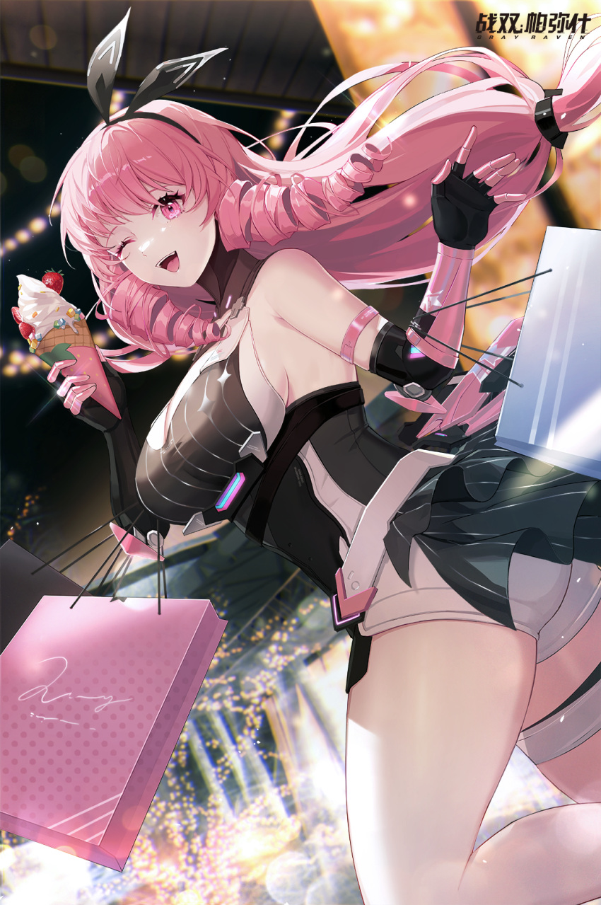 artist_request ayla_(punishing:_gray_raven) backless_outfit bag belt black_cape cape christmas_lights city_lights drill_hair food fruit highres ice_cream ice_cream_cone long_hair looking_at_viewer low_ponytail official_art one_eye_closed pink_eyes pink_hair punishing:_gray_raven rabbit_bow running shopping_bag short_shorts shorts sleeveless smile strawberry twin_drills waving