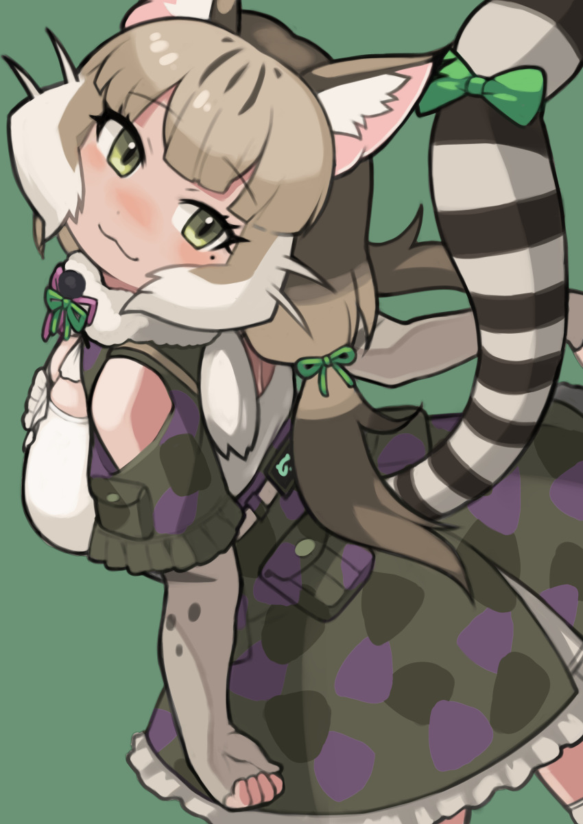 1girl absurdres animal_ear_fluff animal_ears bare_shoulders belt cat_ears cat_girl cat_tail extra_ears fingerless_gloves gloves green_eyes grey_hair highres jungle_cat_(kemono_friends) kemono_friends kemono_friends_v_project long_hair looking_at_viewer microphone multicolored_hair ribbon rinx scarf shirt simple_background skirt solo tail twintails virtual_youtuber