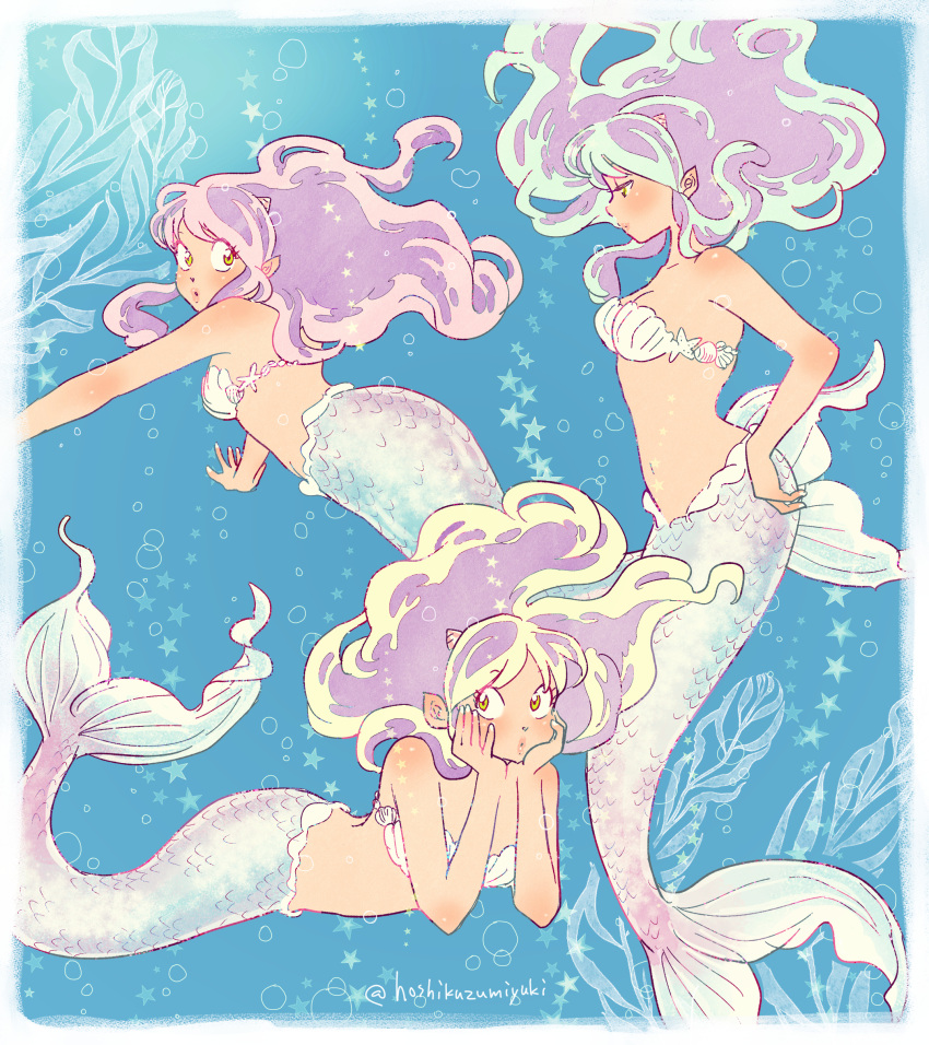 1girl absurdres air_bubble bangs bikini breasts bubble fins fish_tail full_body highres horns long_hair lum mapril mermaid midriff monster_girl navel oni_horns pouty_lips purple_hair shell shell_bikini star_(symbol) swimsuit tail tail_fin twitter_username underwater urusei_yatsura variations yellow_eyes