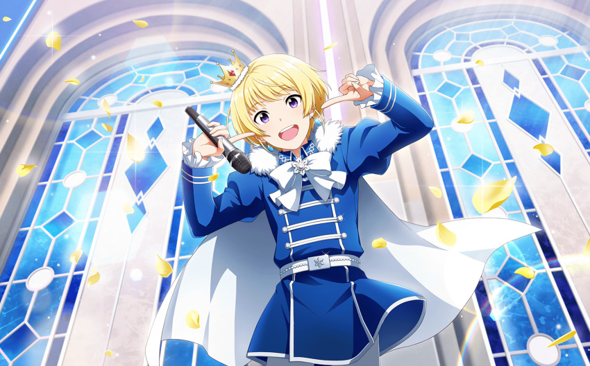 1boy bangs blonde_hair cape crown earrings fingernails frilled_sleeves frills highres holding holding_microphone idolmaster idolmaster_side-m idolmaster_side-m_live_on_stage! jewelry long_sleeves looking_at_viewer male_focus microphone mini_crown official_art open_mouth pierre_bichelberger smile solo teeth third-party_source upper_teeth violet_eyes white_cape