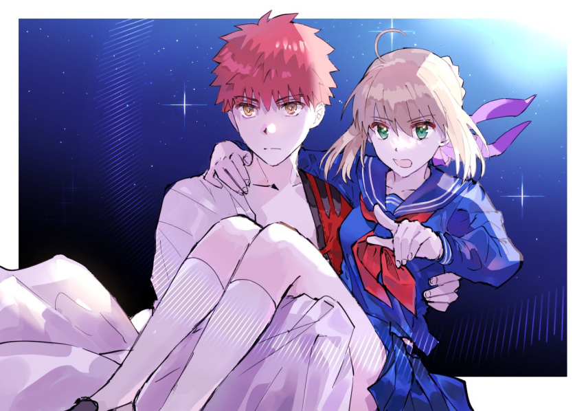 1boy 1girl ahoge alternate_universe appleale19 artoria_pendragon_(fate) bangs blonde_hair carrying emiya_shirou fate/grand_order fate/stay_night fate_(series) green_eyes master_artoria night night_sky open_mouth pointing princess_carry redhead role_reversal sailor_collar school_uniform senji_muramasa_(fate) serafuku skirt sky star_(sky) starry_sky uniform