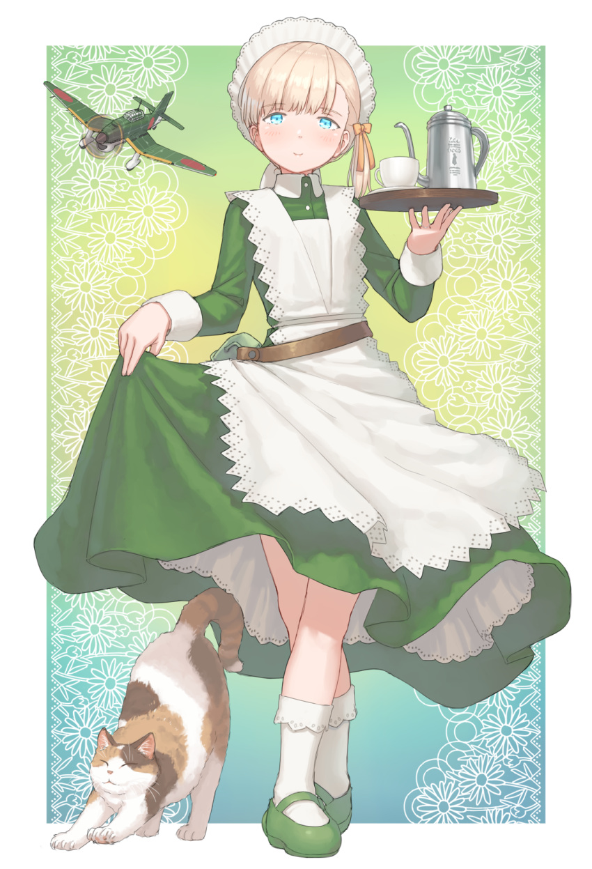 1girl aircraft airplane alternate_costume animal apron blonde_hair blue_eyes cat clothes_lift cup dress dress_lift enmaided green_dress green_footwear hayashi_naoharu highres holding holding_tray kantai_collection lifted_by_self long_sleeves maid maid_apron maid_headdress medium_hair shin'you_(kancolle) shoes socks solo tray white_apron white_socks
