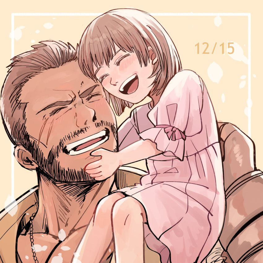 1boy 1girl bangs barret_wallace beard blush border brown_hair closed_eyes dark-skinned_male dark_skin dated dress facial_hair father_and_daughter final_fantasy final_fantasy_vii final_fantasy_vii_remake hand_on_another's_chin happy_birthday highres lower_teeth marlene_wallace nnnmmg0725 open_mouth pink_dress puffy_short_sleeves puffy_sleeves scar scar_on_cheek scar_on_face short_hair short_sleeves sitting_on_shoulder smile teeth upper_body upper_teeth very_short_hair yellow_background