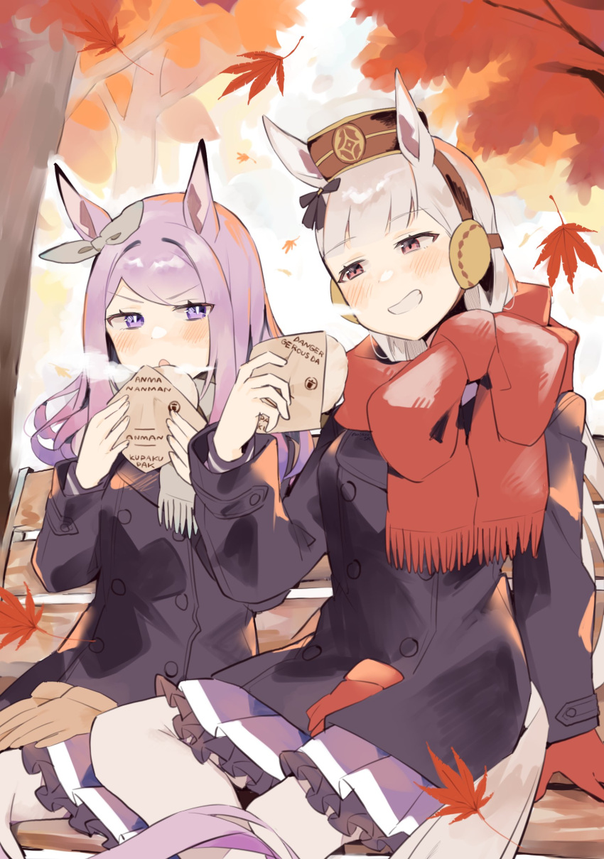 2girls absurdres animal_ears arm_support autumn autumn_leaves bangs bench black_coat blunt_bangs blush breasts bright_pupils coat ear_covers falling_leaves food foot_out_of_frame gloves gloves_removed gold_ship_(umamusume) grey_hair grin hands_up highres horse_ears horse_tail large_breasts leaf looking_at_another maple_leaf mejiro_mcqueen_(umamusume) multiple_girls open_mouth petticoat pink_eyes pleated_skirt purple_hair red_gloves red_scarf scarf sitting skirt smile steam sweet_potato tail teeth thigh-highs tree umamusume usukawa_(uskw_sr) v-shaped_eyebrows violet_eyes white_pupils white_thighhighs