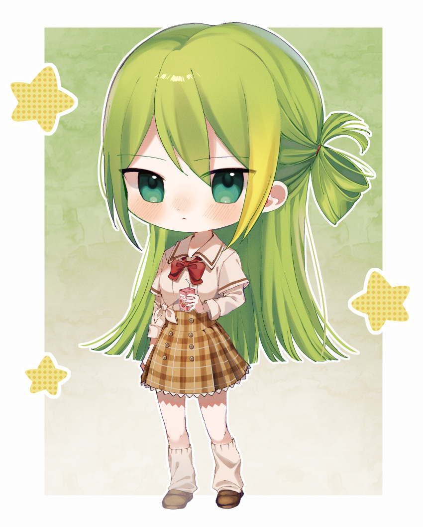 1girl absurdres alina_gray arm_at_side bangs blonde_hair blunt_ends blush border bow bowtie brown_footwear brown_skirt chibi closed_mouth commentary drink drinking_straw eyes_visible_through_hair food fruit full_body gradient gradient_background green_background green_eyes green_hair hair_between_eyes hair_tie highres holding holding_drink juice_box loafers long_hair looking_at_viewer loose_socks magia_record:_mahou_shoujo_madoka_magica_gaiden mahou_shoujo_madoka_magica multicolored_hair nose_blush outline outside_border plaid plaid_skirt red_bow red_bowtie roseziny sailor_collar school_uniform shirt shoes sidelocks single_hair_ring skirt sleeves_past_elbows socks solo standing star_(symbol) strawberry strawberry_milk streaked_hair symbol-only_commentary translated two-tone_background two-tone_hair very_long_hair white_border white_outline white_sailor_collar white_shirt white_socks