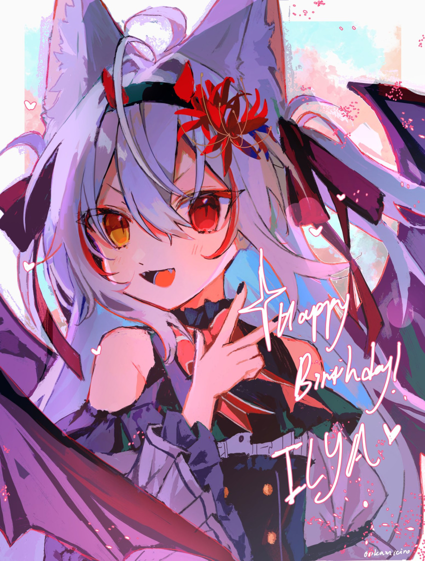 1girl ahoge animal_ears bangs bare_shoulders bat_wings bow bowtie cat_ears cherry_blossoms colored_eyelashes demon_horns detached_sleeves fangs flower frilled_sleeves frills hair_between_eyes hair_flower hair_ornament hair_ribbon happy_birthday heart heterochromia highres horns juliet_sleeves light_purple_hair long_sleeves nail_polish ookami_ciro original puffy_sleeves red_bow red_bowtie red_eyes ribbon signature spider_lily v wings yellow_eyes