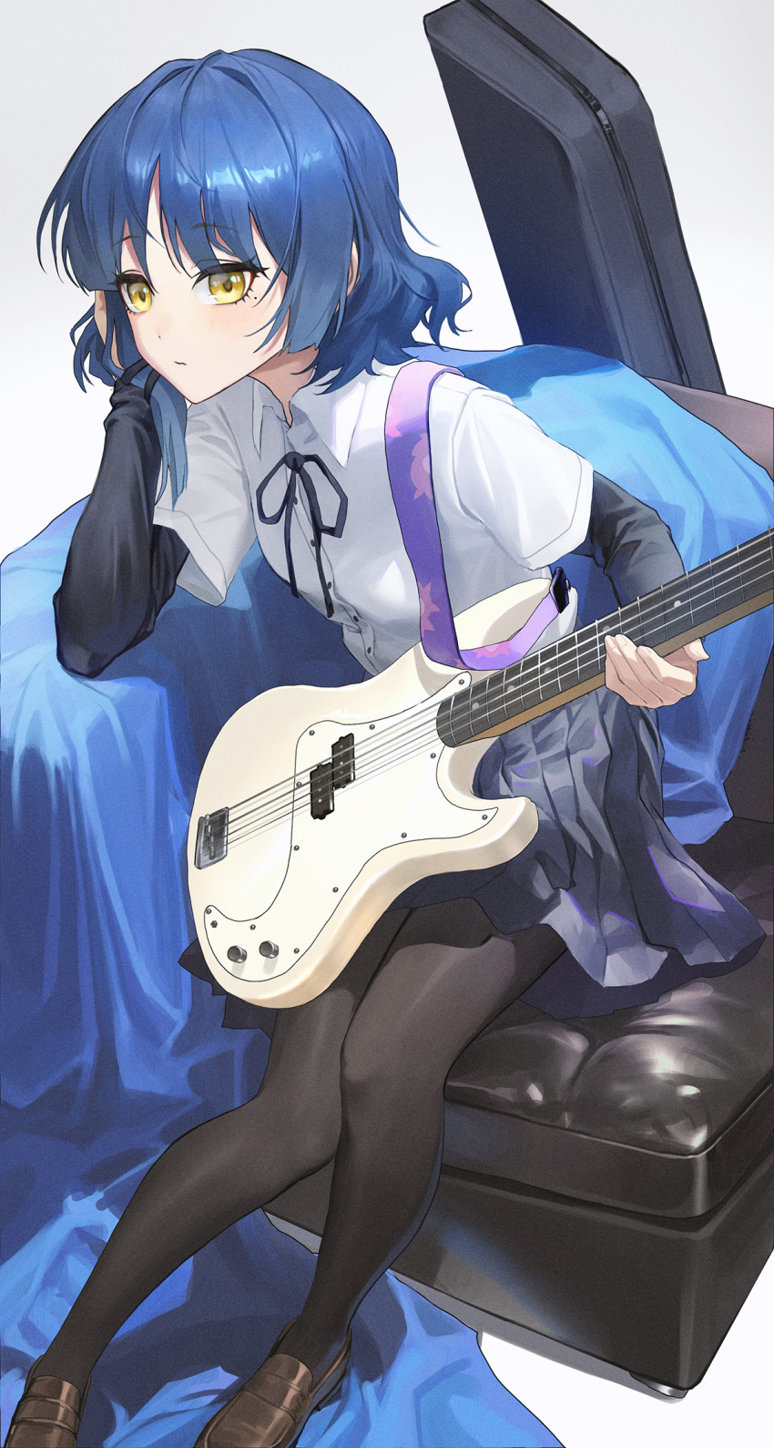 1girl bangs black_pantyhose black_ribbon black_sleeves blue_hair blue_skirt bocchi_the_rock! brown_footwear closed_mouth collared_shirt commentary couch elbow_rest expressionless full_body grey_background guitar guitar_case hair_ornament hairclip hand_in_own_hair hand_up highres holding holding_instrument instrument instrument_case knees_together_feet_apart layered_sleeves leaning_forward light_blush loafers long_sleeves looking_at_viewer medium_hair miniskirt mole mole_under_eye neck_ribbon on_couch pantyhose pleated_skirt ribbon shirt shoes simple_background sitting skirt solo ttk_(kirinottk) wavy_hair wavy_mouth white_shirt wing_collar yamada_ryou yellow_eyes yellow_pupils