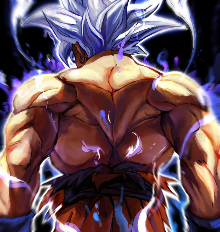 1boy aura back dougi dragon_ball dragon_ball_super from_behind grey_hair kouji08250 male_focus muscular muscular_male solo son_goku spiky_hair topless_male torn_clothes ultra_instinct