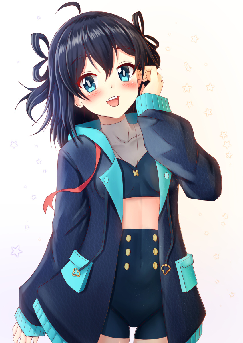 1girl :d ahoge black_hair blue_eyes blue_jacket blue_shorts blush breasts commentary commission copyright_request covered_collarbone crop_top english_commentary gradient gradient_background hand_up highres jacket long_sleeves looking_at_viewer midriff open_clothes open_jacket prophosphere puffy_long_sleeves puffy_sleeves purple_background short_shorts shorts simple_background sleeves_past_wrists small_breasts smile solo starry_background virtual_youtuber white_background