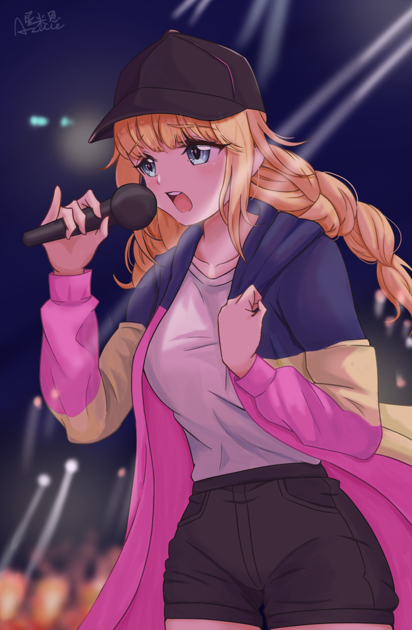 1girl absurdres baseball_cap black_headwear black_shorts blonde_hair blue_eyes blue_jacket braid breasts clenched_hand collarbone concert crowd hands_up hat highres holding holding_microphone jacket long_hair microphone multicolored_clothes multicolored_jacket music open_mouth paripi_koumei pink_jacket shirt short_shorts shorts signature singing solo_focus spotlight teeth tsukimi_eiko twin_braids upper_teeth white_shirt xing_mi'en yellow_jacket
