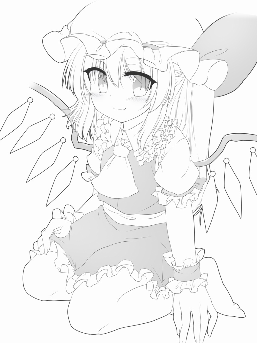 1girl ascot closed_mouth collared_shirt fang fang_out flandre_scarlet frilled_shirt_collar frilled_skirt frilled_sleeves frills full_body greyscale hair_between_eyes hand_on_own_leg hat highres long_hair looking_at_viewer marukyuu_ameya mob_cap monochrome no_shoes puffy_short_sleeves puffy_sleeves ribbon-trimmed_headwear ribbon_trim shirt short_sleeves skin_fang skirt smile solo touhou vest wings wrist_cuffs