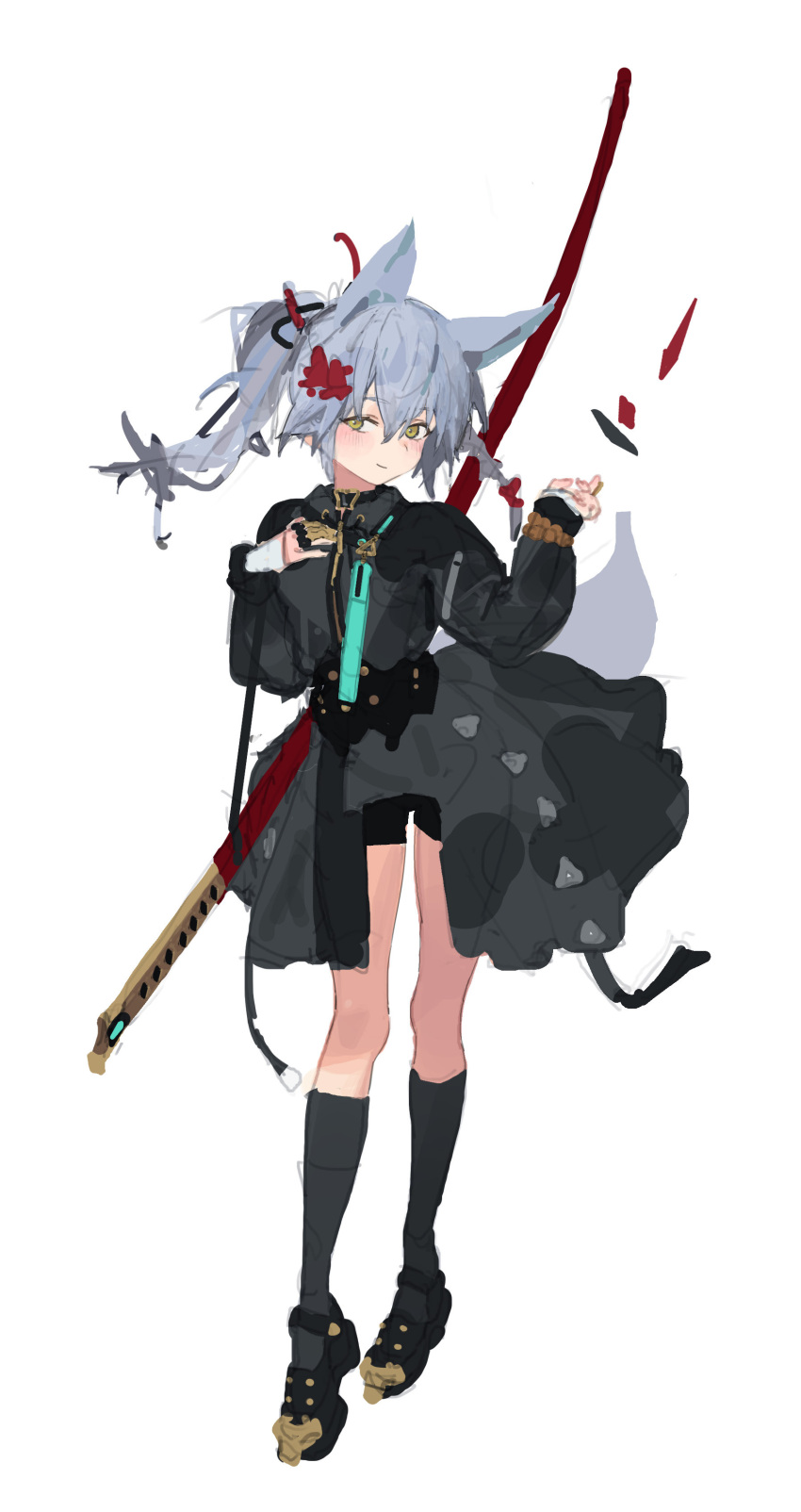1girl absurdres animal_ears bike_shorts black_footwear black_socks closed_mouth dress fox_ears fox_tail full_body grey_dress grey_hair hair_between_eyes hair_ornament hands_up highres jaeyeong looking_at_viewer original shoes shorts_under_dress simple_background smile socks solo sword tail weapon white_background yellow_eyes