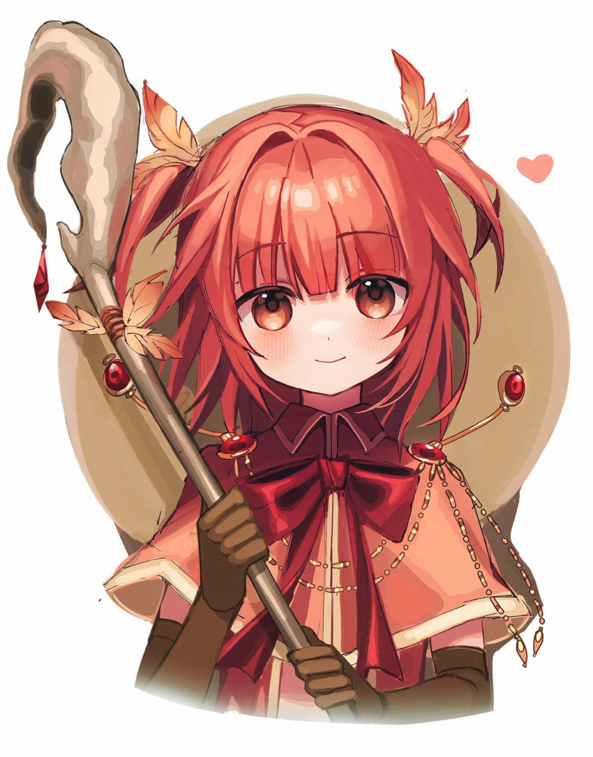 1girl akino_kaede bangs blunt_bangs blush brown_gloves capelet collared_capelet cropped_torso dot_nose elbow_gloves feather_hair_ornament feathers gem gloves hair_intakes hair_ornament head_tilt heart highres holding holding_staff looking_at_viewer magia_record:_mahou_shoujo_madoka_magica_gaiden mahou_shoujo_madoka_magica medium_hair neck_ribbon orange_capelet orange_eyes orange_hair red_gemstone red_ribbon ribbon roseziny simple_background smile solo staff two_side_up upper_body white_background