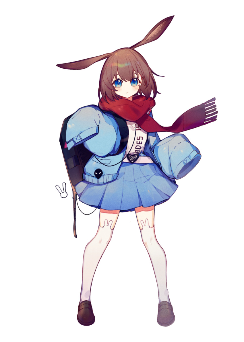 1girl :&lt; amiya_(arknights) animal_ear_legwear animal_ears arknights backpack bag bangs blue_eyes blue_jacket blue_skirt blush brown_footwear bunny_ear_legwear closed_mouth commentary_request cot_(co2cotton) full_body hands_up highres jacket long_sleeves looking_at_viewer medium_hair official_alternate_costume open_clothes open_jacket pleated_skirt rabbit_ears rabbit_girl red_scarf scarf shoes simple_background skirt sleeves_past_fingers sleeves_past_wrists solo thigh-highs white_background white_thighhighs