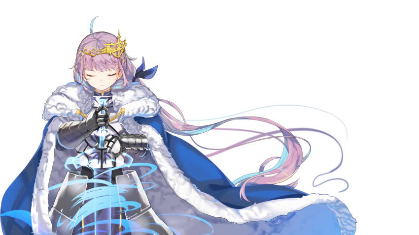 1girl ahoge armor armored_dress artoria_pendragon_(fate) bangs blue_cloak blue_hair blue_ribbon breastplate cloak closed_eyes closed_mouth cosplay excalibur_(fate/stay_night) facing_viewer fate/stay_night fate_(series) fur-trimmed_cloak fur_trim gauntlets hair_ribbon highres hololive invisible_air_(fate) long_hair minato_aqua multicolored_hair pink_hair ribbon saber saber_(cosplay) simple_background solo streaked_hair sword tiara two-tone_hair very_long_hair virtual_youtuber weapon white_background xuu_shi_times