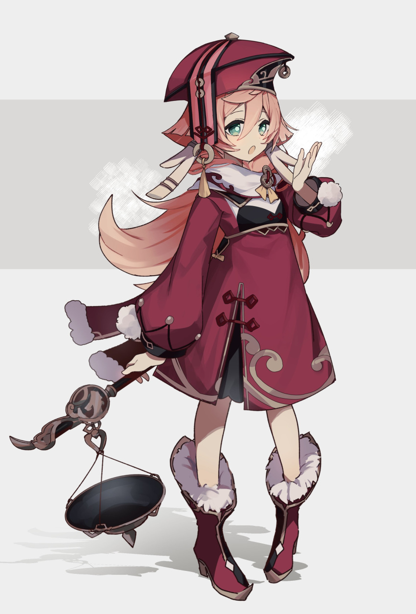 1girl :o absurdres alternate_costume antlers boots breath dress fur-trimmed_boots fur_trim genshin_impact green_eyes hair_between_eyes hat highres holding_scale long_hair long_sleeves merry-san open_mouth pink_hair red_dress red_footwear red_headwear scarf shadow solo white_scarf yanfei_(genshin_impact)