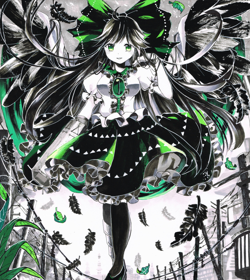 1girl absurdres acrylic_paint_(medium) arm_cannon bangs bird_wings bow breasts buttons center_frills collared_shirt commentary_request control_rod feathers frilled_shirt frilled_shirt_collar frilled_skirt frills full_body grass green_bow green_eyes green_skirt hair_bow highres leaf limited_palette long_hair looking_at_viewer medium_breasts painting_(medium) pantyhose parted_lips partially_colored power_lines puffy_short_sleeves puffy_sleeves reiuji_utsuho shirt short_sleeves skirt smile solo third_eye torajirou_(toraneko_zirou) touhou traditional_media utility_pole weapon wings
