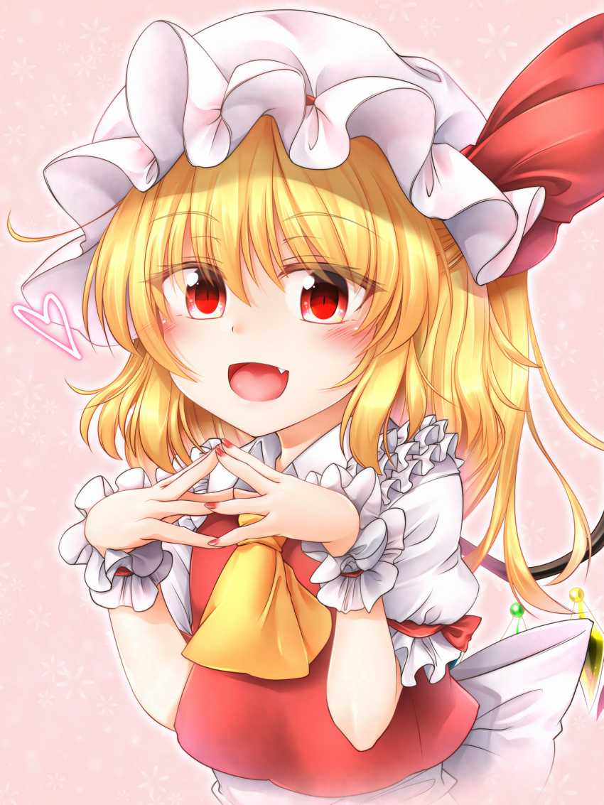 1girl ascot back_bow blonde_hair bow crystal fang flandre_scarlet frilled_sleeves frills hair_between_eyes hat highres large_bow long_hair looking_at_viewer marukyuu_ameya mob_cap multicolored_wings nail_polish open_mouth own_hands_together pink_background puffy_short_sleeves puffy_sleeves red_eyes red_nails red_vest shirt short_sleeves simple_background sleeves_past_wrists solo steepled_fingers touhou upper_body vest white_bow white_headwear white_shirt wings yellow_ascot